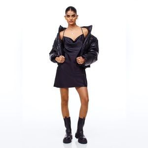 Divided Black Short Satin Dress